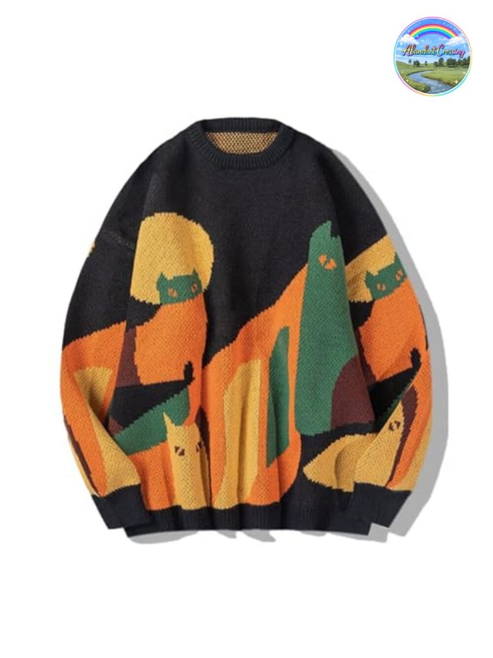 Vintage Color Block Cat Sweater Oversized Crewneck Knit Pullover Christmas